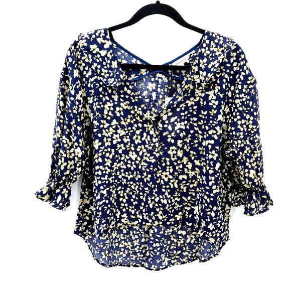 MOUSSY‎ Flowy Blue Short Floral Button Down V-Neck - Picture 1 of 5